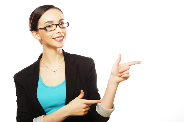 Beautiful smiling business woman standing against white backgrou — Stock Photo, Image