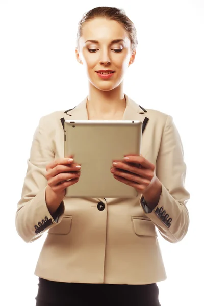 Business woman uses a mobile tablet computer with touch screen — Stock Photo, Image