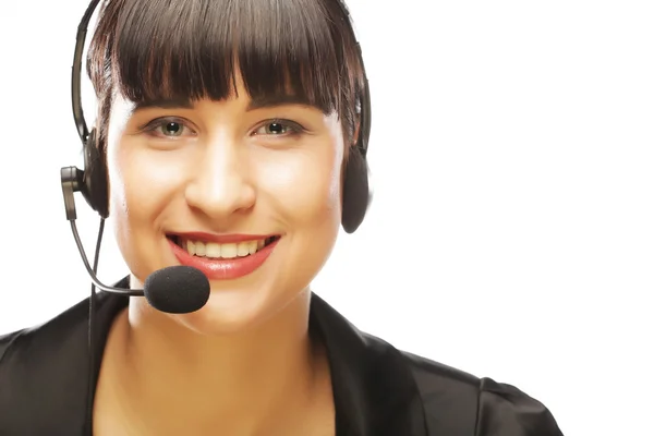 Fechar o sorriso do representante de atendimento ao cliente feminino — Fotografia de Stock