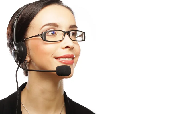 Primer plano de la mujer representante de servicio al cliente sonriendo — Foto de Stock