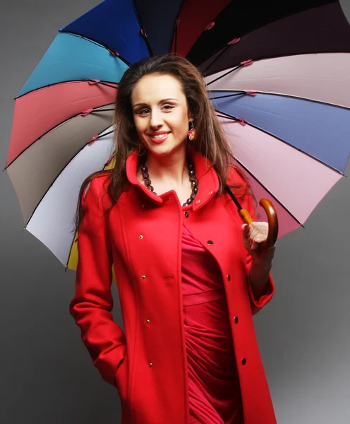 Woman in red coat with umbrella — Stock Photo, Image