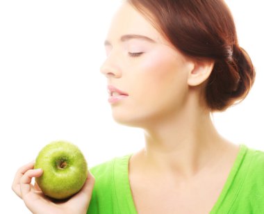 Elmalı mutlu, genç bir kadın.