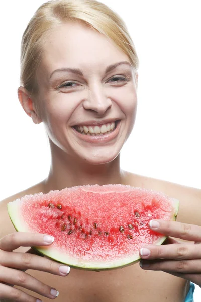 Kvinna med vattenmelon — Stockfoto