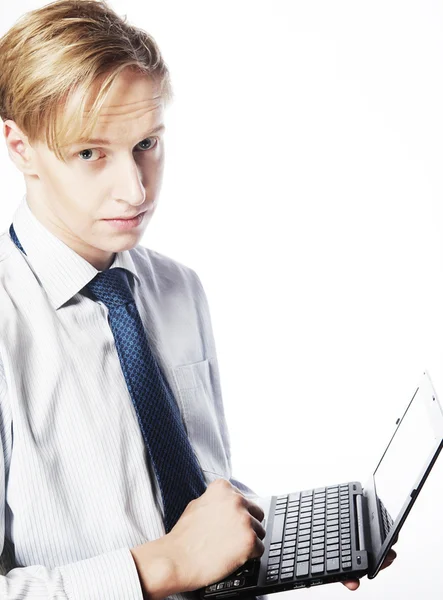 Young businessman use laptop on white background. — Stock Photo, Image