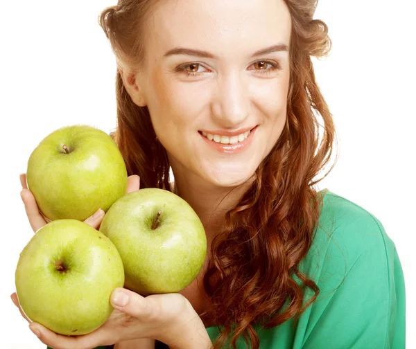 Femme avec trois pommes — Photo