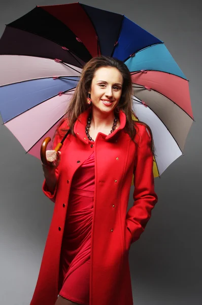 Woman in red coat with umbrella — Stock Photo, Image