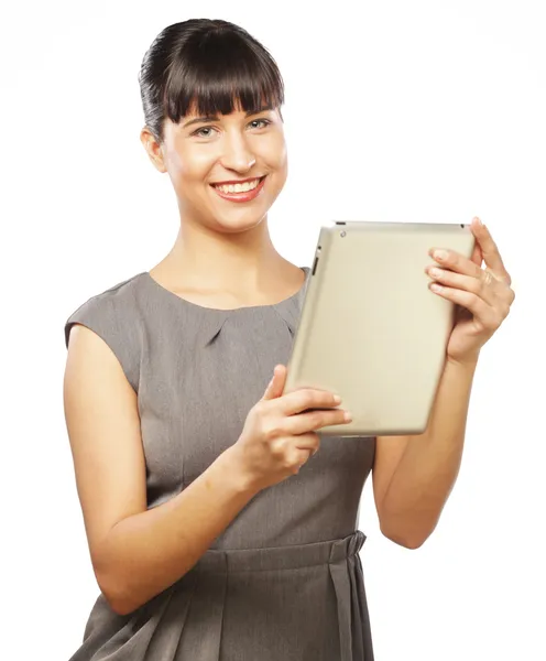 Business woman uses a mobile tablet computer — Stock Photo, Image