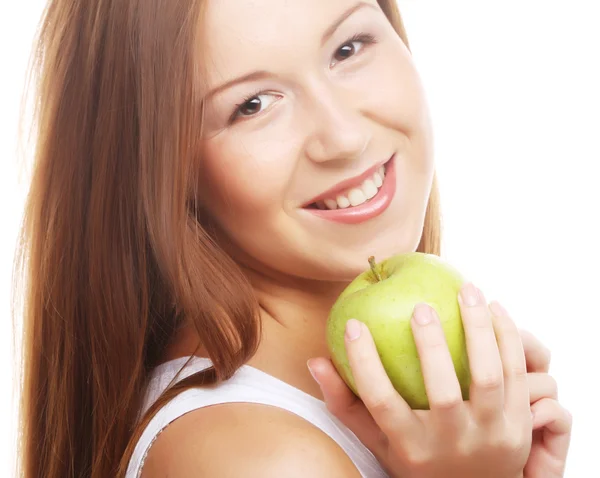 Feliz mujer sonriente con manzana, aislada en blanco —  Fotos de Stock