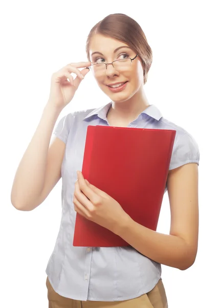 Mujer de negocios sonriente con carpeta roja —  Fotos de Stock