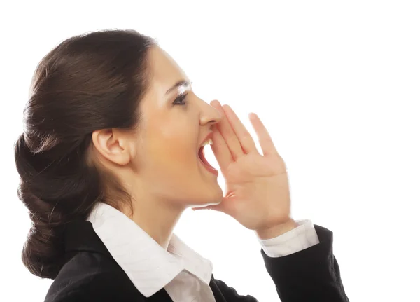 Hermosa mujer de negocios haciendo señal de silencio — Foto de Stock