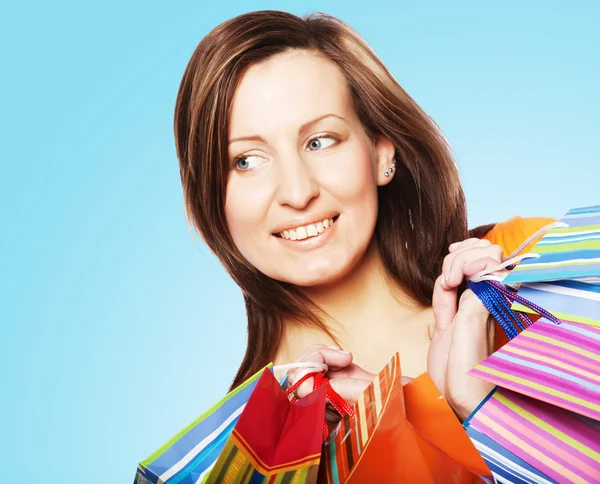 Woman happy holding shopping bags. — Stock Photo, Image