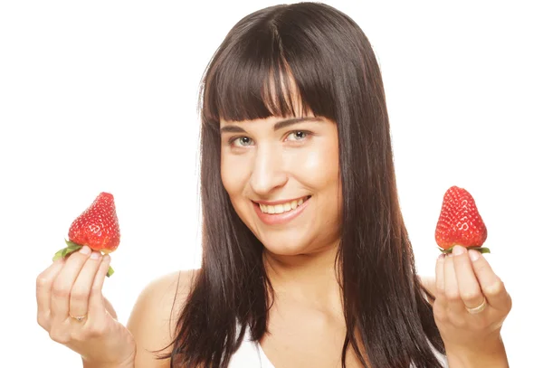 Hermosa mujer sonriente feliz con fresa —  Fotos de Stock