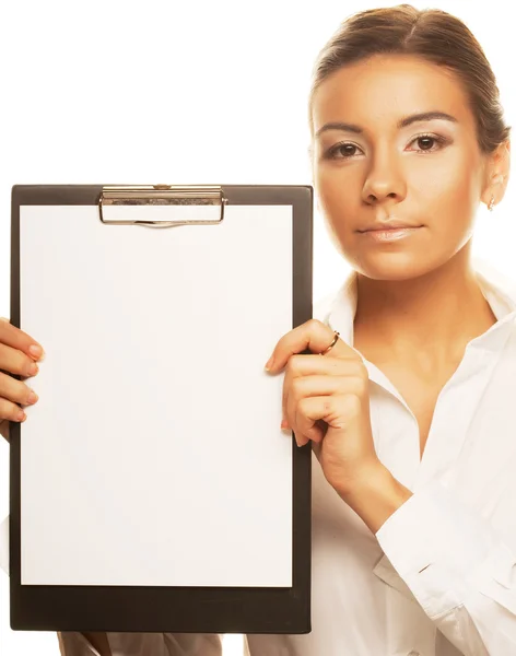 Business woman holding empty white board — Stock Photo, Image