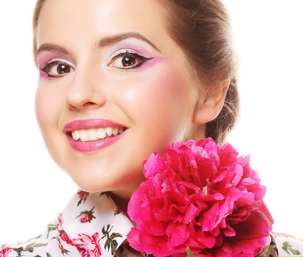 Young beautiful woman with pink peony — Stock Photo, Image