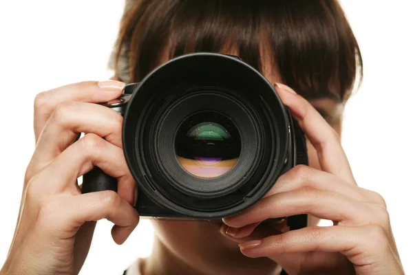 Beautiful young woman with camera. — Stock Photo, Image