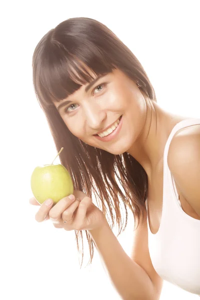 有苹果的年轻快乐微笑的女人 — 图库照片