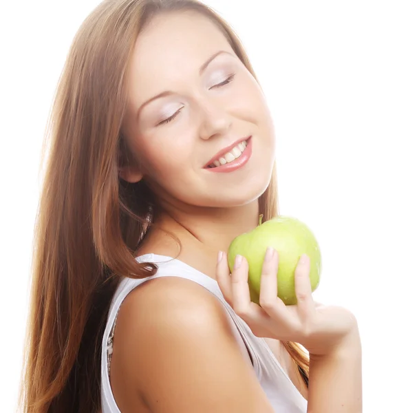 Happy smiling woman with apple, isolated on white Stock Photo