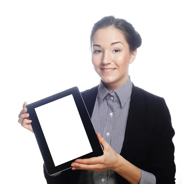 Isolado jovem empresária mostrando tablet — Fotografia de Stock