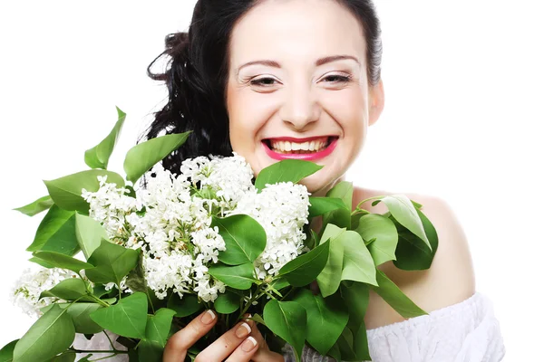 Young woman with white flowers — Stock Photo, Image