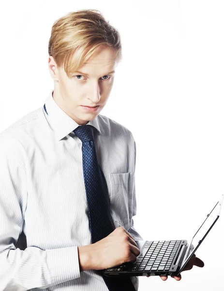 Young businessman use laptop on white background. — Stock Photo, Image