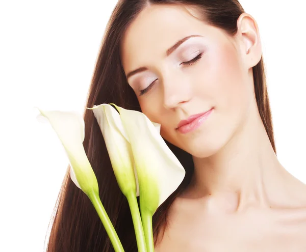 Donna con fiori di calla — Foto Stock