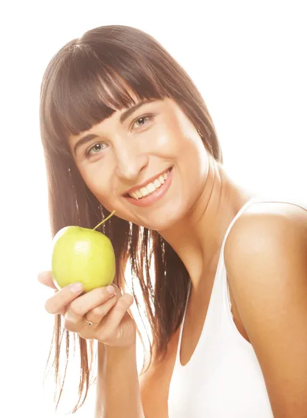 Ung glad leende kvinna med äpple — Stockfoto