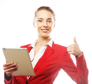 iş kadını ile tablet başparmak yukarıya göstermek gülümseyen.