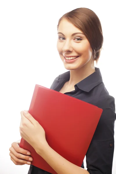 Mujer de negocios sonriente con carpeta roja —  Fotos de Stock