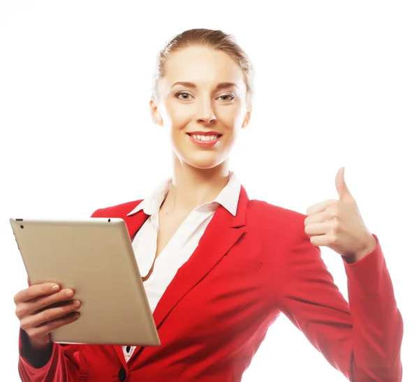 Sorrindo mulher de negócios com tablet polegar para cima mostrar . — Fotografia de Stock