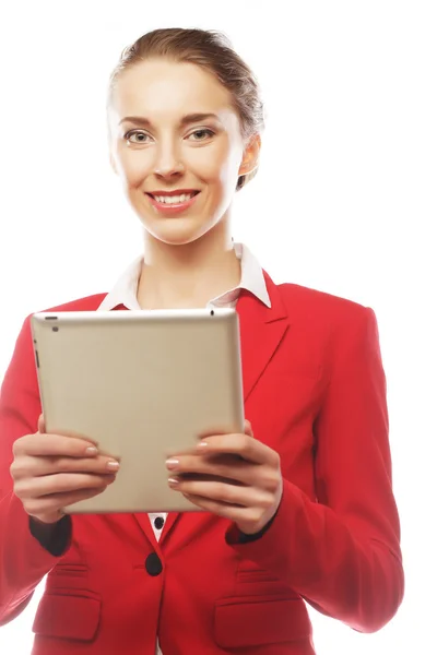 Business woman uses a mobile tablet computer — Stock Photo, Image