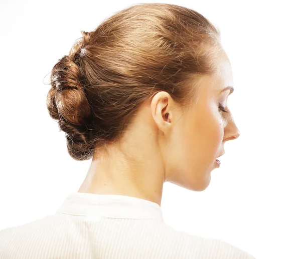 Female face in profile with makeup and hairstyle — Stock Photo, Image