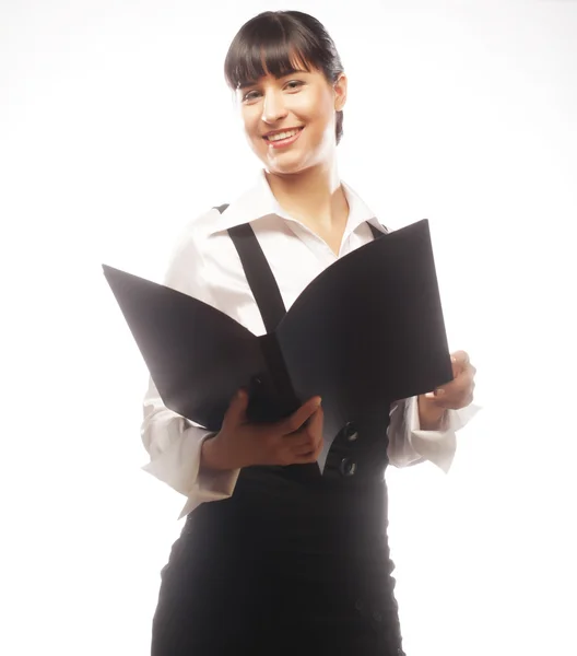 Joven mujer de negocios sonriente con carpeta negra —  Fotos de Stock