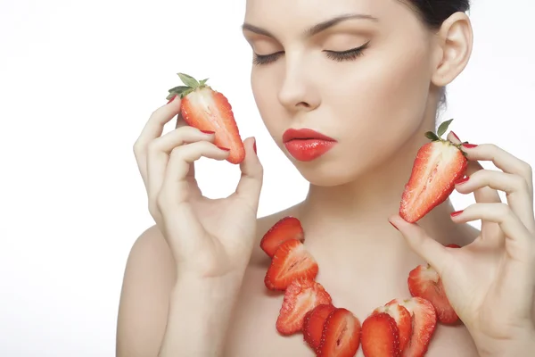 Brunette lady with strawberry — Stock Photo, Image