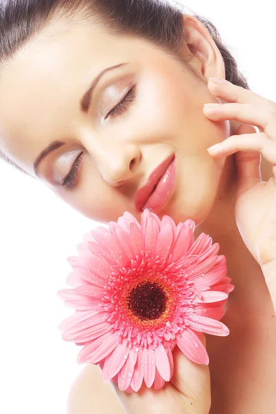 Beautiful woman with pink gerber — Stock Photo, Image