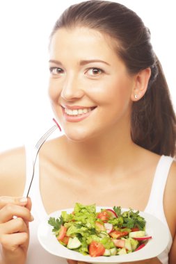 kadın beyaz zemin üzerine salata ile