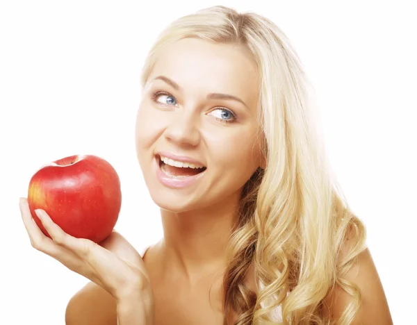 Женщина с белым фоном из яблока — стоковое фото