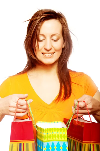 Mujer feliz sosteniendo bolsas de compras . —  Fotos de Stock