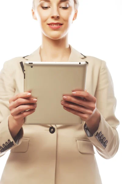 Business woman uses a mobile tablet computer — Stock Photo, Image