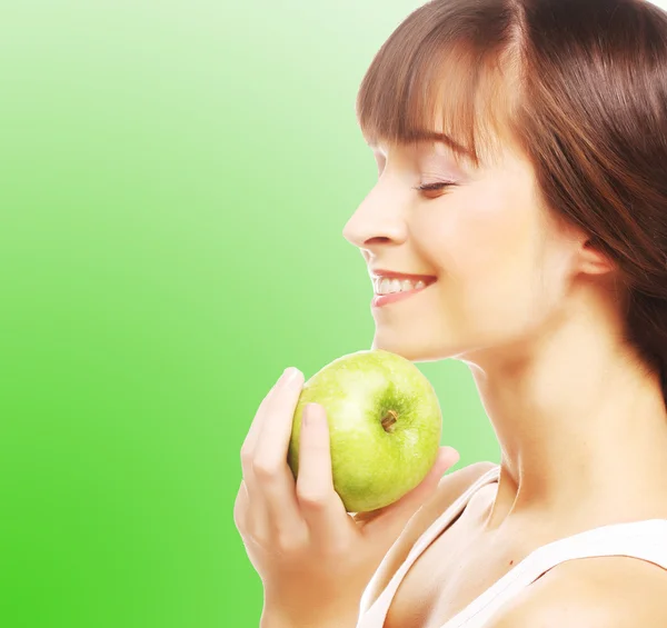 Young happy smiling woman with apple — Stock Photo, Image