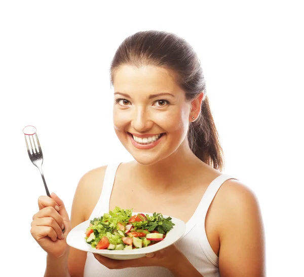 Frau mit Salat auf weißem Hintergrund — Stockfoto