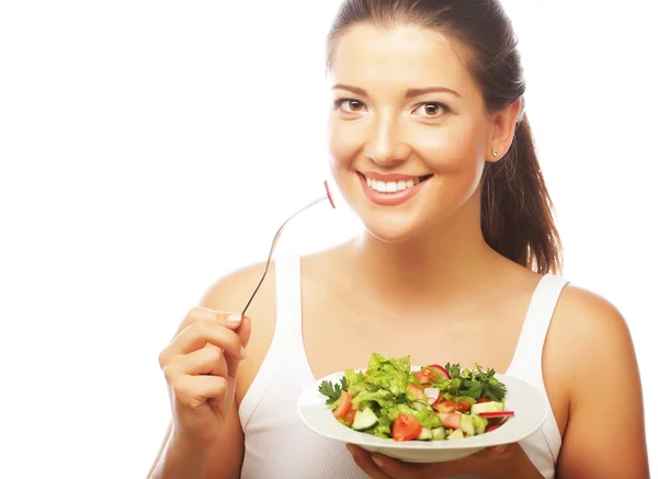 Femme avec salade sur fond blanc Images De Stock Libres De Droits