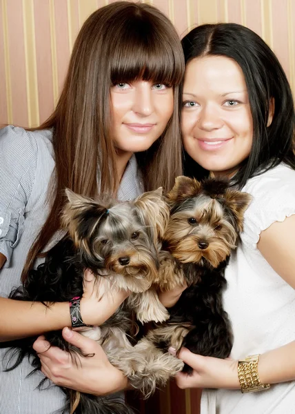 Puppys와 두 여자 — 스톡 사진