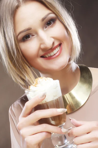 Girl with glass of coffee witn cream — Stock Photo, Image