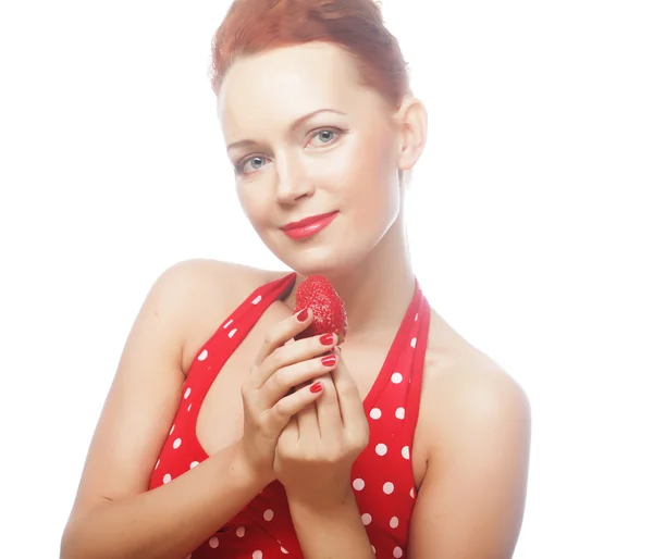 Beautiful happy smiling woman with strawberry — Stock Photo, Image