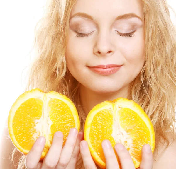 Blond woman with oranges in her hands — Stock Photo, Image