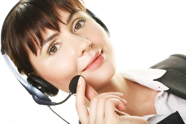 Smiling cheerful support phone operator in hea — Stock Photo, Image