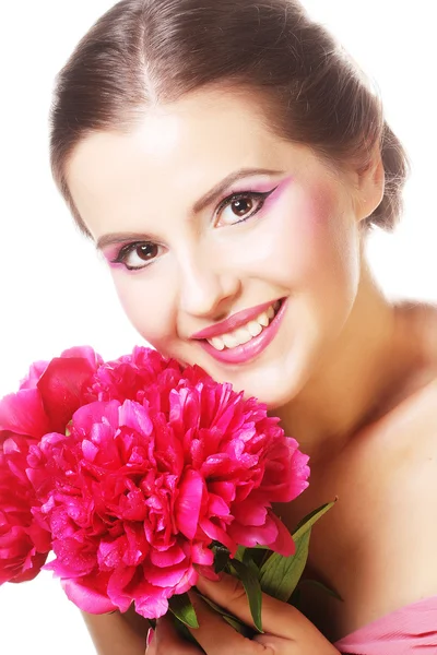 Woman with pink flower — Stock Photo, Image