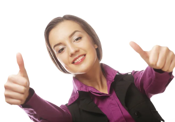Привлекательная деловая женщина подает большие пальцы — стоковое фото