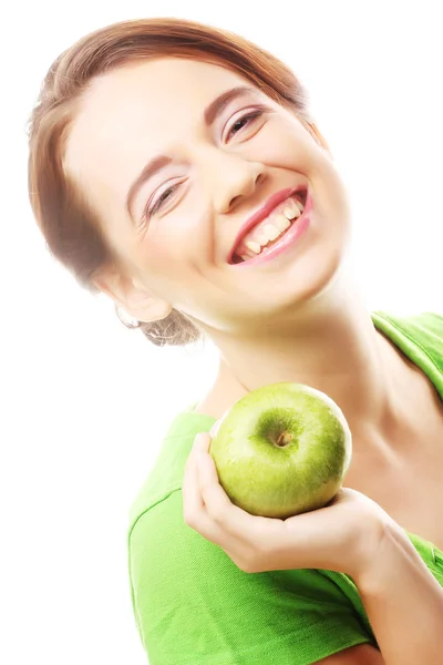 Young happy smiling woman with apple — Stock Photo, Image