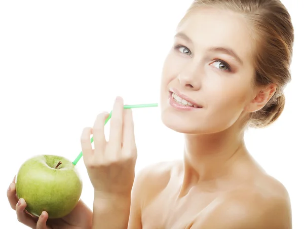 Happy smiling woman with apple and Straws Cocktail — Stock Photo, Image